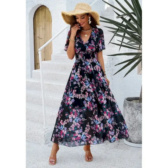 Women's Sheath Dress Chiffon Dress Sundress Floral Graphic Elastic Waist Print V Neck Cold Shoulder Long Dress Maxi Dress Elegant Tropical Party Date Women's Sheath Dress Chiffon Dress Sundress Floral Graphic Elastic Waist Print V Neck Cold Shoulder Long Dress Maxi Dress Elegant Tropical Party Date