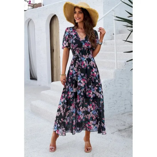 Women's Sheath Dress Chiffon Dress Sundress Floral Graphic Elastic Waist Print V Neck Cold Shoulder Long Dress Maxi Dress Elegant Tropical Party Date Women's Sheath Dress Chiffon Dress Sundress Floral Graphic Elastic Waist Print V Neck Cold Shoulder Long Dress Maxi Dress Elegant Tropical Party Date