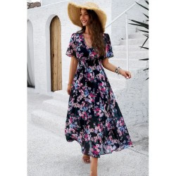Women's Sheath Dress Chiffon Dress Sundress Floral Graphic Elastic Waist Print V Neck Cold Shoulder Long Dress Maxi Dress Elegant Tropical Party Date