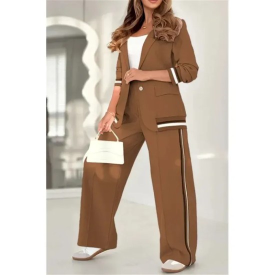 Women's 2 Pieces Elegant Fashion Streetwear Pants Sets Blazer Suits Long Sleeve Shirt Collar Striped Outdoor Work Black White Brown Summer Regular Fit Women's 2 Pieces Elegant Fashion Streetwear Pants Sets Blazer Suits Long Sleeve Shirt Collar Striped Outdoor Work Black White Brown Summer Regular Fit
