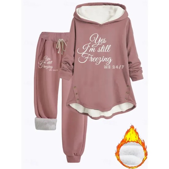 Women's 2 Pieces Fluffy Pyjama Set Long Sleeve Top and Pant Text Print Comfort Casual Home Wear Drawstring Solid Cozy Winter 2025 Women's 2 Pieces Fluffy Pyjama Set Long Sleeve Top and Pant Text Print Comfort Casual Home Wear Drawstring Solid Cozy Winter 2025