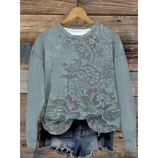 Women's Pullover Sweatshirt Floral Warm Vintage Western Long Sleeve Crew Neck Regular Tops Home Street Dailywear Print White Dark Pink Blue Green Gray Women's Pullover Sweatshirt Floral Warm Vintage Western Long Sleeve Crew Neck Regular Tops Home Street Dailywear Print White Dark Pink Blue Green Gray
