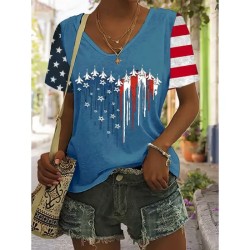 Women's Patriotic  T Shirt Graphic American Flag Vintage Stylish Classic Short Sleeve V Neck Regular Tops Daily Weekend Print Black White Red Blue Sum