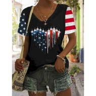 Women's Patriotic T Shirt Graphic American Flag Vintage Stylish Classic Short Sleeve V Neck Regular Tops Daily Weekend Print Black White Red Blue Sum Women's Patriotic T Shirt Graphic American Flag Vintage Stylish Classic Short Sleeve V Neck Regular Tops Daily Weekend Print Black White Red Blue Sum