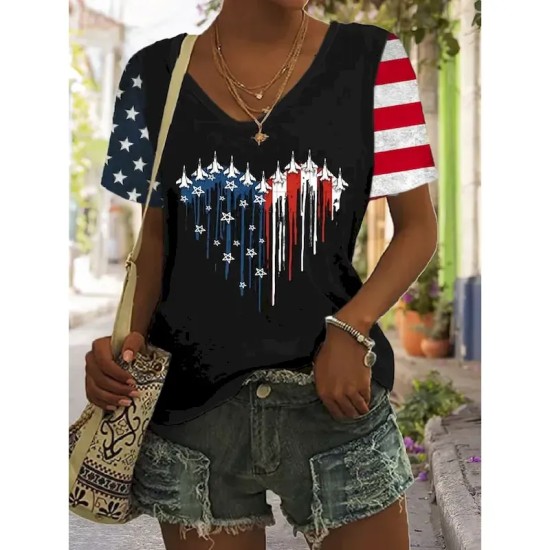 Women's Patriotic T Shirt Graphic American Flag Vintage Stylish Classic Short Sleeve V Neck Regular Tops Daily Weekend Print Black White Red Blue Sum Women's Patriotic T Shirt Graphic American Flag Vintage Stylish Classic Short Sleeve V Neck Regular Tops Daily Weekend Print Black White Red Blue Sum