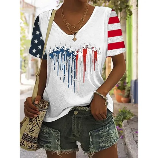 Women's Patriotic T Shirt Graphic American Flag Vintage Stylish Classic Short Sleeve V Neck Regular Tops Daily Weekend Print Black White Red Blue Sum Women's Patriotic T Shirt Graphic American Flag Vintage Stylish Classic Short Sleeve V Neck Regular Tops Daily Weekend Print Black White Red Blue Sum