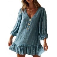 Women's Casual Dress Midi Dress Patchwork Hawaiian Casual V Neck Black Blue Beige Color 2025 Women's Casual Dress Midi Dress Patchwork Hawaiian Casual V Neck Black Blue Beige Color 2025