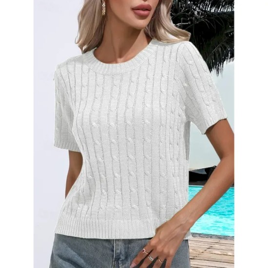 Women's Sweater Casual Soft Pure Color Ribbed Crew Neck Knitted Short Sleeves Regular Tops Knit Daily Weekend White Green Summer Spring 2025 Women's Sweater Casual Soft Pure Color Ribbed Crew Neck Knitted Short Sleeves Regular Tops Knit Daily Weekend White Green Summer Spring 2025