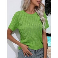 Women's Sweater Casual Soft Pure Color Ribbed Crew Neck Knitted Short Sleeves Regular Tops Knit Daily Weekend White Green Summer Spring 2025