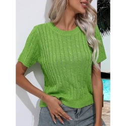 Women's Sweater Casual Soft Pure Color Ribbed Crew Neck Knitted Short Sleeves Regular Tops Knit Daily Weekend White Green Summer Spring 2025