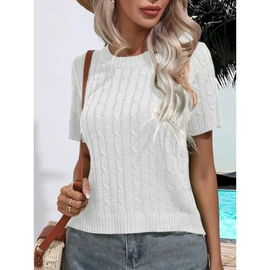 Women's Sweater Casual Soft Pure Color Ribbed Crew Neck Knitted Short Sleeves Regular Tops Knit Daily Weekend White Green Summer Spring 2025 Women's Sweater Casual Soft Pure Color Ribbed Crew Neck Knitted Short Sleeves Regular Tops Knit Daily Weekend White Green Summer Spring 2025