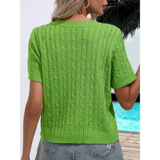 Women's Sweater Casual Soft Pure Color Ribbed Crew Neck Knitted Short Sleeves Regular Tops Knit Daily Weekend White Green Summer Spring 2025 Women's Sweater Casual Soft Pure Color Ribbed Crew Neck Knitted Short Sleeves Regular Tops Knit Daily Weekend White Green Summer Spring 2025