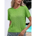 Women's Sweater Casual Soft Pure Color Ribbed Crew Neck Knitted Short Sleeves Regular Tops Knit Daily Weekend White Green Summer Spring 2025 Women's Sweater Casual Soft Pure Color Ribbed Crew Neck Knitted Short Sleeves Regular Tops Knit Daily Weekend White Green Summer Spring 2025