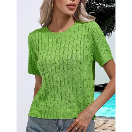 Women's Sweater Casual Soft Pure Color Ribbed Crew Neck Knitted Short Sleeves Regular Tops Knit Daily Weekend White Green Summer Spring 2025 Women's Sweater Casual Soft Pure Color Ribbed Crew Neck Knitted Short Sleeves Regular Tops Knit Daily Weekend White Green Summer Spring 2025