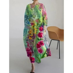 Women's Maxi Dress A Line Dress Fit And Flare Dress Party Casual Boho Party Wedding Guest Daily Loose Fit Floral Graphic Long Sleeve Crew Neck Pink Re