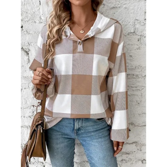 Women's Sweatshirt Casual Plaid Street Dailywear Hoodie Buttons Print Long Sleeve Black Khaki Fall Winter 2025 Women's Sweatshirt Casual Plaid Street Dailywear Hoodie Buttons Print Long Sleeve Black Khaki Fall Winter 2025