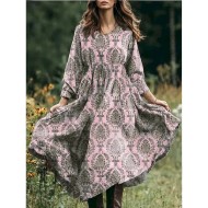 Women's Midi Dress A Line Dress Vacation Casual Boho Beach Loose Fit Floral Graphic Paisley Long Sleeve V Neck Pink Blue Purple Green Spring Fall Wint