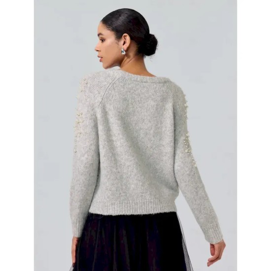 Women's Gray Pearl Beaded Crew Neck Long Sleeve Knit Pullover Sweater Jumper Casual Daily Fall Winter 2025 Women's Gray Pearl Beaded Crew Neck Long Sleeve Knit Pullover Sweater Jumper Casual Daily Fall Winter 2025