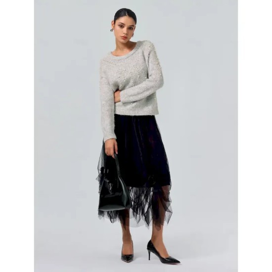 Women's Gray Pearl Beaded Crew Neck Long Sleeve Knit Pullover Sweater Jumper Casual Daily Fall Winter 2025 Women's Gray Pearl Beaded Crew Neck Long Sleeve Knit Pullover Sweater Jumper Casual Daily Fall Winter 2025