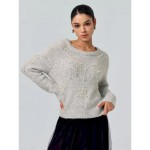 Women's Gray Pearl Beaded Crew Neck Long Sleeve Knit Pullover Sweater Jumper Casual Daily Fall Winter 2025 Women's Gray Pearl Beaded Crew Neck Long Sleeve Knit Pullover Sweater Jumper Casual Daily Fall Winter 2025