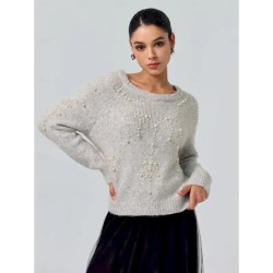 Women's Gray Pearl Beaded Crew Neck Long Sleeve Knit Pullover Sweater Jumper Casual Daily Fall Winter 2025 Women's Gray Pearl Beaded Crew Neck Long Sleeve Knit Pullover Sweater Jumper Casual Daily Fall Winter 2025