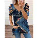 Women's Shirt Blouse Fashion Modern Color Block Patchwork Cut Out Print Short Sleeve Regular Tops V Neck Casual Black Rainbow Summer 2025 Women's Shirt Blouse Fashion Modern Color Block Patchwork Cut Out Print Short Sleeve Regular Tops V Neck Casual Black Rainbow Summer 2025