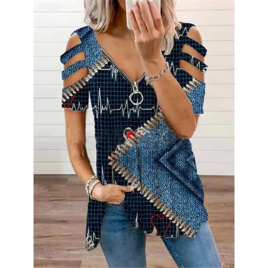 Women's Shirt Blouse Fashion Modern Color Block Patchwork Cut Out Print Short Sleeve Regular Tops V Neck Casual Black Rainbow Summer 2025 Women's Shirt Blouse Fashion Modern Color Block Patchwork Cut Out Print Short Sleeve Regular Tops V Neck Casual Black Rainbow Summer 2025