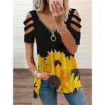 Women's Shirt Blouse Fashion Modern Color Block Patchwork Cut Out Print Short Sleeve Regular Tops V Neck Casual Black Rainbow Summer 2025 Women's Shirt Blouse Fashion Modern Color Block Patchwork Cut Out Print Short Sleeve Regular Tops V Neck Casual Black Rainbow Summer 2025