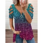 Women's Shirt Blouse Fashion Modern Color Block Patchwork Cut Out Print Short Sleeve Regular Tops V Neck Casual Black Rainbow Summer 2025 Women's Shirt Blouse Fashion Modern Color Block Patchwork Cut Out Print Short Sleeve Regular Tops V Neck Casual Black Rainbow Summer 2025