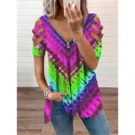 Women's Shirt Blouse Fashion Modern Color Block Patchwork Cut Out Print Short Sleeve Regular Tops V Neck Casual Black Rainbow Summer 2025 Women's Shirt Blouse Fashion Modern Color Block Patchwork Cut Out Print Short Sleeve Regular Tops V Neck Casual Black Rainbow Summer 2025