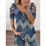 Women's Shirt Blouse Fashion Modern Color Block Patchwork Cut Out Print Short Sleeve Regular Tops V Neck Casual Black Rainbow Summer 2025 Women's Shirt Blouse Fashion Modern Color Block Patchwork Cut Out Print Short Sleeve Regular Tops V Neck Casual Black Rainbow Summer 2025