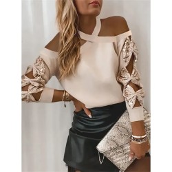 Women's Shirt Blouse Solid Color Basic Casual Long Sleeve V Neck Regular Tops Daily Sequins Patchwork Bow Beige Fall Winter 2025