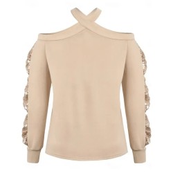 Women's Shirt Blouse Solid Color Basic Casual Long Sleeve V Neck Regular Tops Daily Sequins Patchwork Bow Beige Fall Winter 2025 Women's Shirt Blouse Solid Color Basic Casual Long Sleeve V Neck Regular Tops Daily Sequins Patchwork Bow Beige Fall Winter 2025