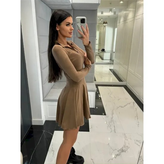 Women's A Line Dress Mini Dress Ruffle Date Vacation Elegant Lapel Long Sleeve Black Coffee Gray Color 2025 Women's A Line Dress Mini Dress Ruffle Date Vacation Elegant Lapel Long Sleeve Black Coffee Gray Color 2025