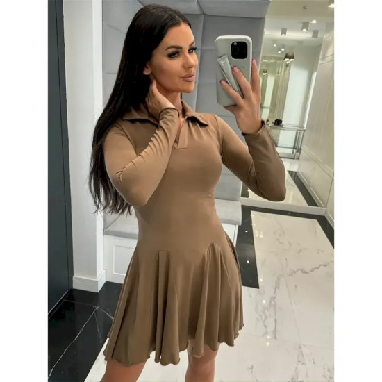 Women's A Line Dress Mini Dress Ruffle Date Vacation Elegant Lapel Long Sleeve Black Coffee Gray Color 2025 Women's A Line Dress Mini Dress Ruffle Date Vacation Elegant Lapel Long Sleeve Black Coffee Gray Color 2025