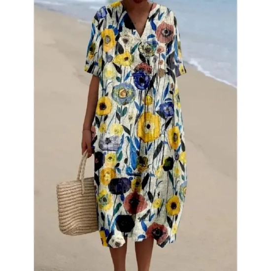Women's Midi Dress Sundress A Line Dress Linen Vacation Casual Beach Going out Loose Fit Floral Graphic Short Sleeve V Neck Yellow Blue SummerBeach 20 Women's Midi Dress Sundress A Line Dress Linen Vacation Casual Beach Going out Loose Fit Floral Graphic Short Sleeve V Neck Yellow Blue SummerBeach 20
