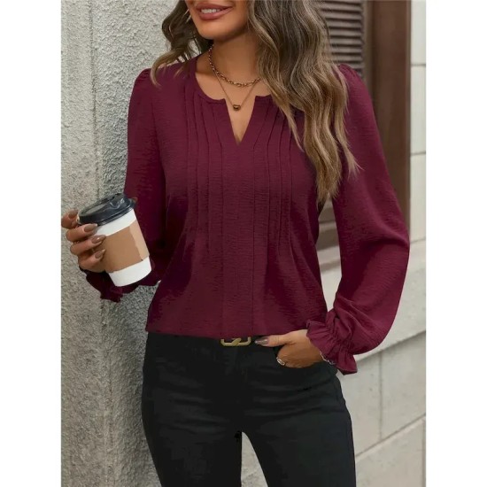 Women's Shirt Blouse Solid Color Basic Casual Long Sleeve Notched Neck Regular Tops Daily Black Wine Fall Winter 2025 Women's Shirt Blouse Solid Color Basic Casual Long Sleeve Notched Neck Regular Tops Daily Black Wine Fall Winter 2025